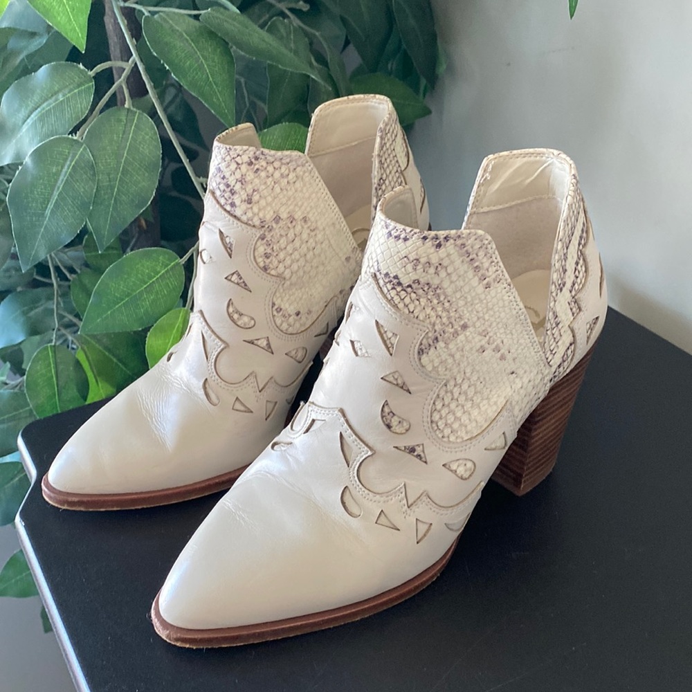 Gianni Bini Cream Cut Out Snakeskin Cowboy Booties